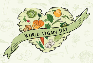 Vector illustration of a greeting card for World Vegan Day with various vegetables