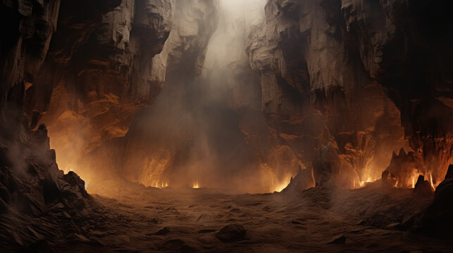 A photo of a rocky cave with smoke emanating from the ground and a fire glowing in the background.