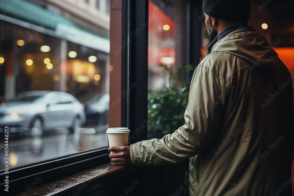 Poster motorist looking at coffee through window service background with empty space for text