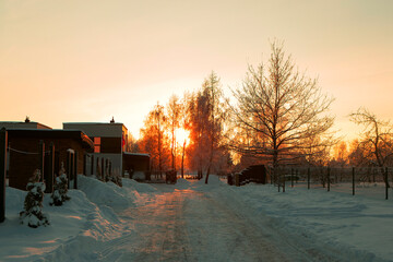 Winter view of Lithuanian snow-covered village. Winter in Lithuania