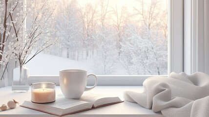 window sill with a steaming mug of hot tea, an open book and a warm blanket. The interior is modern and minimalist in light colors, while the snowy landscape outside adds to the serenity.