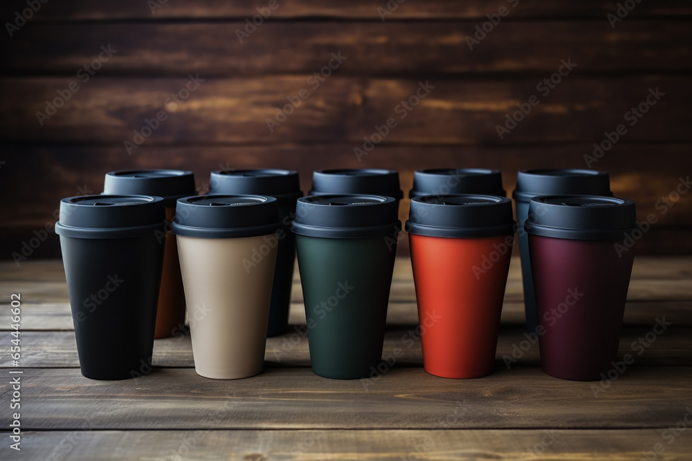 Aufkleber reusable coffee cups on a rustic wooden table background with empty space for text