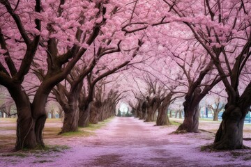 A field of cherry blossoms in full bloom, with a winding path leading through the trees