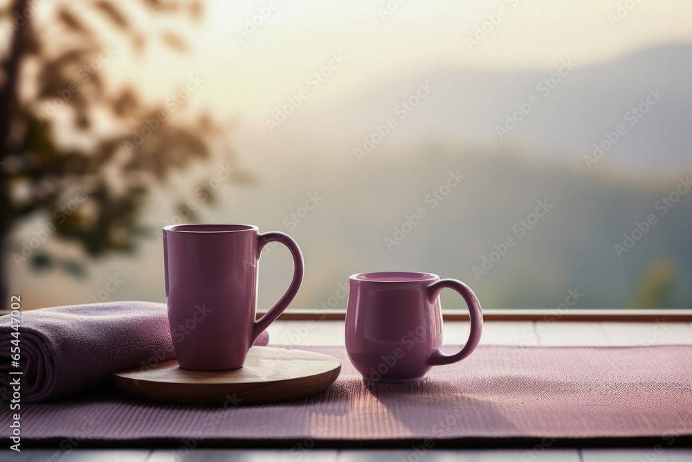 Poster yoga mats and coffee cups post-class serene setting background with empty space for text