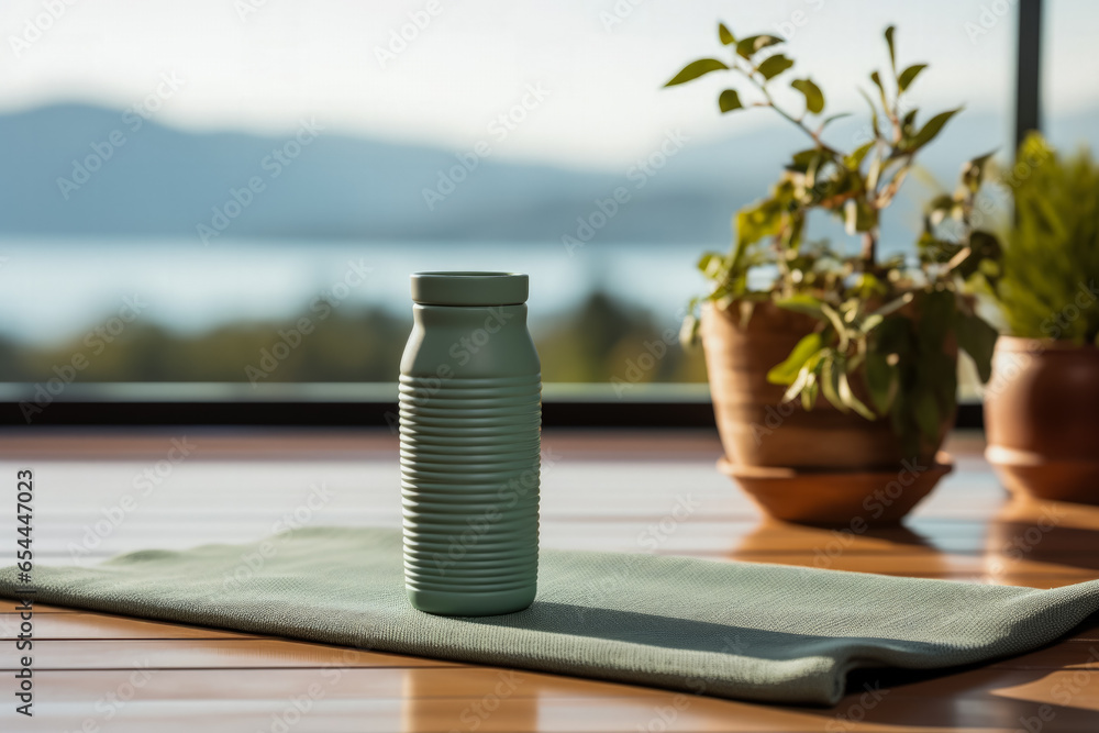Poster yoga mats and coffee cups post-class serene setting background with empty space for text
