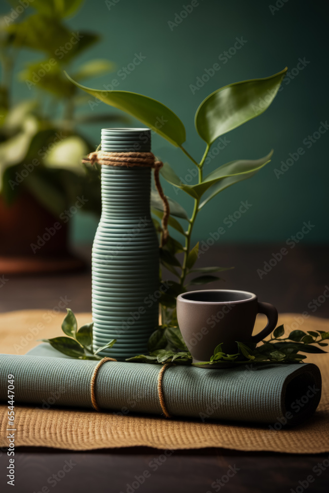 Aufkleber yoga mats and coffee cups post-class serene setting background with empty space for text