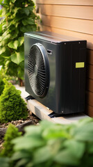 Outdoor unit of air source heat pump near the house, heating and cooling the house