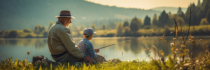 Grandfather and grandson fishing on the river, summer holidays with grandparents, banner - Powered by Adobe