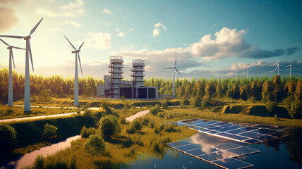 realistic photo Energy Industry: Includes the production of electricity and the manufacture of equipment for the production and distribution of energy. Generative AI - obrazy, fototapety, plakaty