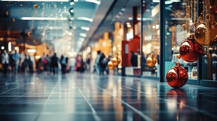 Abstract blurred image of a shopping mall with christmas decorations