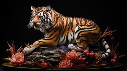 A cake that takes on the form of a fierce tiger, featuring lifelike stripes and a sense of wild beauty.