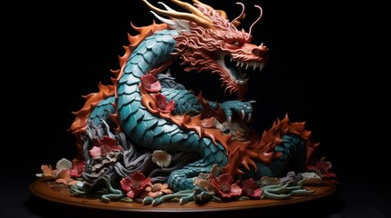 Fototapeta premium A cake that takes on the form of a majestic dragon, featuring intricate scales and a sense of mythical wonder.