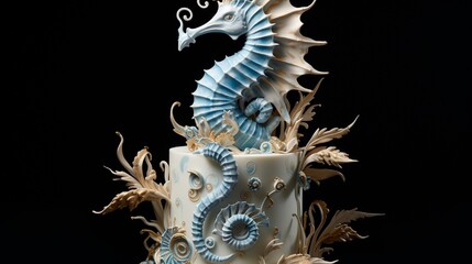 A cake that takes on the form of a graceful seahorse, showcasing intricate details and a sense of marine beauty.