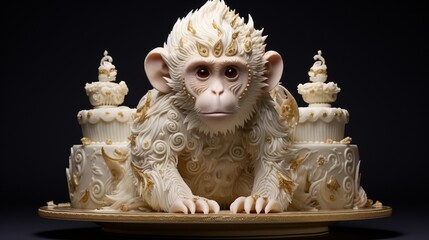 A cake that takes on the shape of a mischievous monkey, featuring intricate facial details and a...
