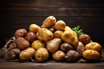 Various types of potatoes on a rustic wooden table