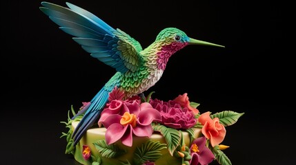 A delightful cake resembling a colorful hummingbird, with lifelike features and a tropical taste that transports you to paradise.