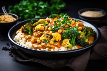 Vegan curry with chickpeas veggies and quinoa Healthy vegetarian concept - obrazy, fototapety, plakaty