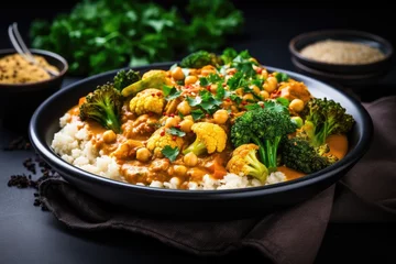 Fotobehang Vegan curry with chickpeas veggies and quinoa Healthy vegetarian concept © The Big L