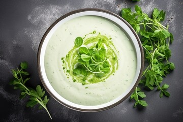 Vegan cream soup with green pea shoots in a white bowl on a gray concrete background - obrazy, fototapety, plakaty