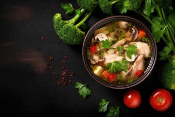 Vegetable filled chicken soup with broccoli from above on a brown background