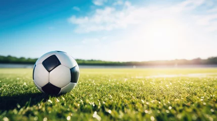 Foto op Aluminium Weide A soccer ball lies on the green grass