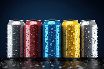 Water droplets on aluminum cans in the food industry initiate parties with beer cans and alcoholic beverages - obrazy, fototapety, plakaty