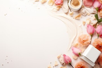 Web banner featuring a beautifully styled corner with organic cosmetics including a skin cream...