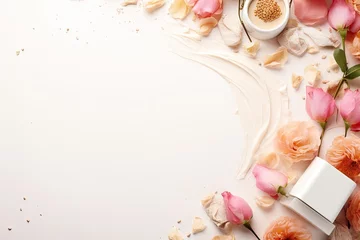 Foto op Canvas Web banner featuring a beautifully styled corner with organic cosmetics including a skin cream bottle dry flowers leaves rose and Himalayan salt on a white tabl © The Big L
