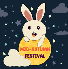 Mid autumn festival banner template with smiling rabbits on dark blue background. Vector illustration for poster, flyer, invitation, discount, sale. Mid-autumn festival.
