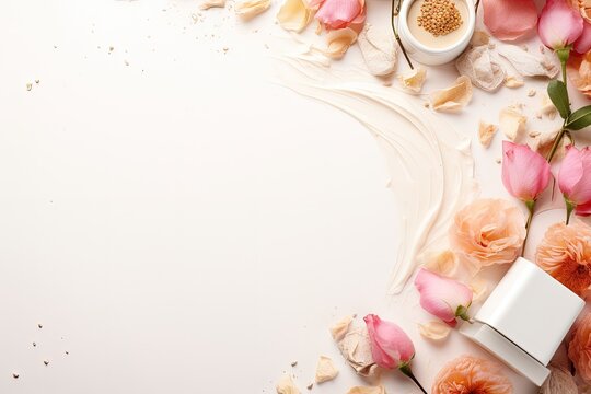 Web banner featuring a beautifully styled corner with organic cosmetics including a skin cream bottle dry flowers leaves rose and Himalayan salt on a white tabl