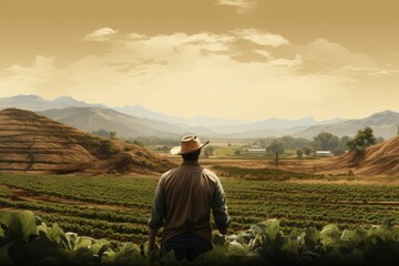  Lone farmer laboring on an expansive farm, a solitary figure amidst vast fields and horizons. - obrazy, fototapety, plakaty