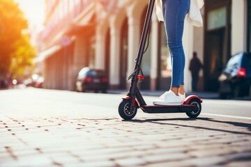 Young woman riding electric scooter on a city street. Close up view. Eco transport concept. - obrazy, fototapety, plakaty