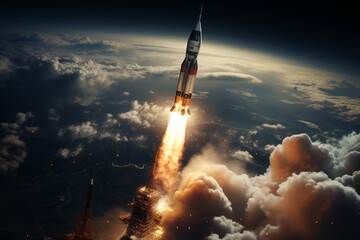 A rocket captured from space, its ascent contrasting dramatically against the inky backdrop of the...