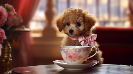 poodle puppy with a cup of coffee - obrazy, fototapety, plakaty