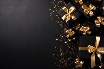 Black Friday sale concept. Gift boxes with gold ribbons and confetti on dark background with copy space.