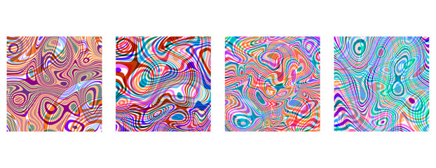 SET ABSTRACT ILLUSTRATION MARBLED TEXTURE LIQUIFY PSYCHEDELIC PASTEL COLORFUL DESIGN. OPTICAL ILLUSION BACKGROUND VECTOR DESIGN