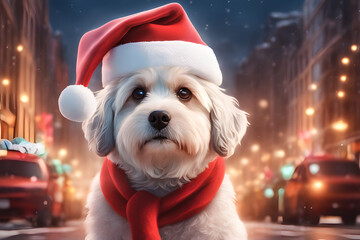Cute white dog with Christmas decoration. Generative AI