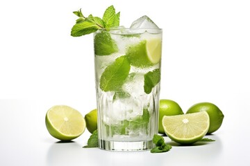 White background with homemade mojito cocktail adorned with lime mint leaves ice and shaker