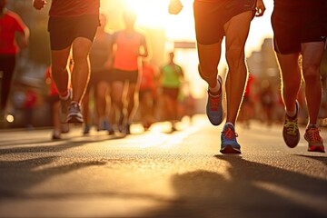 A group of diverse athletes running together in a city marathon, bathed in the warm light of the sunrise.