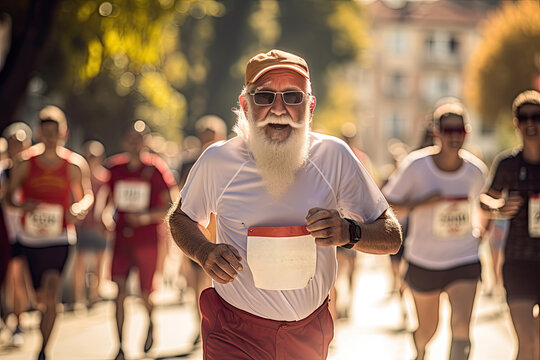 An old man and a group of healthy and active marathon runners compete on the streets of a European city during a charity race.