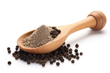 White background with wooden scoop and black pepper powder heap