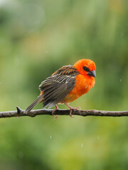 Vivid red bird perching on tree branch, isolated on green