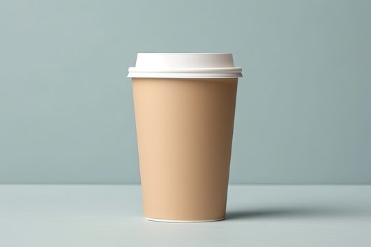 White coffee paper cup with lid on a wooden podium