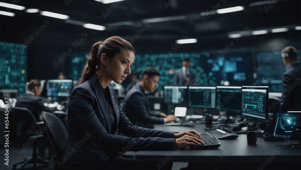 Poster a futuristic technology cybersecurity workspace featuring advanced encryption technologies, biometri