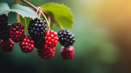 Blackberry. Red and black Blackberries branch close up. Copy space. Food texture photography. Horizontal format for advertising, banner, poster, site. AI generated.