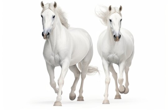 White horses isolated on white background High key photo
