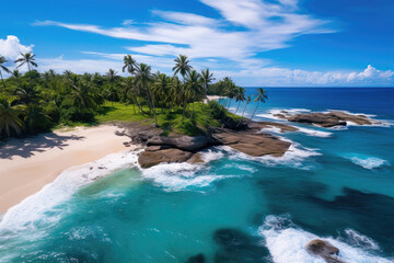 Aerial view of an island with palm trees and snow-white sand in the ocean