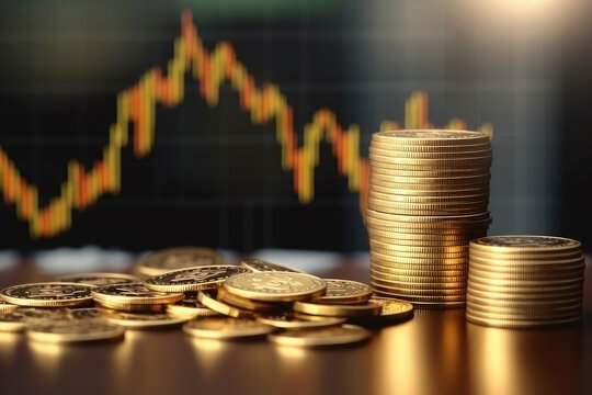 Stack of gold coins on table with stock market graph background, business and financial concept idea.