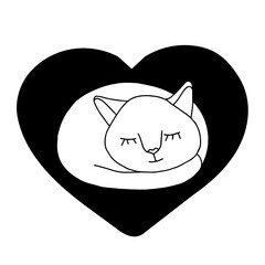 Hand drawn black vector illustration a portrait of a beautiful fun adult young cat is sleeping on a heart-shaped pillow on a white background