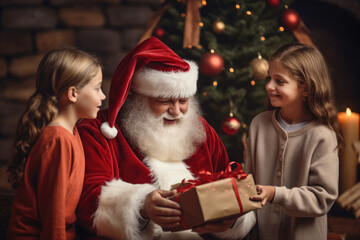 Fototapeta na wymiar Santa Claus giving Christmas gift to children